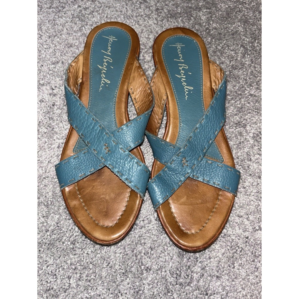 Henry Beguelin Open Toe Leather Sandals Heels Teal EU 38 US 8 Slip-On‎ $365
